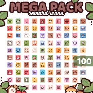 Puede incluir: Una cuadrícula de 100 iconos de recompensa con varias ilustraciones y texto. El texto superior dice "MEGA PACK reward icons". Los iconos incluyen una seta, una fresa, una zanahoria y el texto "FREE SUB".