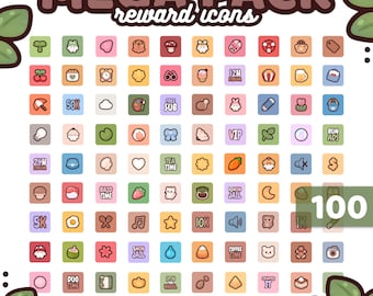 May include: A grid of 100 reward icons with a variety of cute illustrations and text. The top text reads "MEGA PACK reward icons". Icons include a mushroom, a strawberry, a carrot, and the text "FREE SUB".