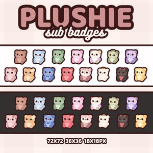 K&ouml;nnte beinhalten: Eine Sammlung von B&auml;ren-f&ouml;rmigen "Plushie Sub Badges" in verschiedenen Farben wie Braun, Blau, Gr&uuml;n, Rosa und Gelb. Der Text "PLUSHIE sub badges" steht oben, mit Gr&ouml;&szlig;enangaben unten.