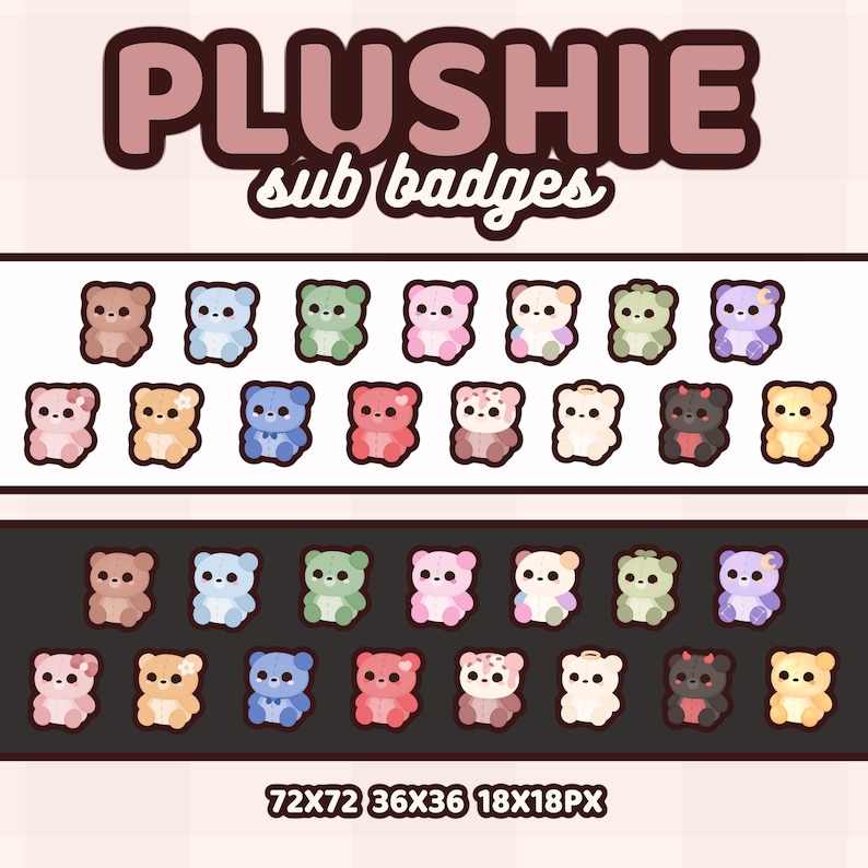 K&ouml;nnte beinhalten: Eine Sammlung von B&auml;ren-f&ouml;rmigen "Plushie Sub Badges" in verschiedenen Farben wie Braun, Blau, Gr&uuml;n, Rosa und Gelb. Der Text "PLUSHIE sub badges" steht oben, mit Gr&ouml;&szlig;enangaben unten.