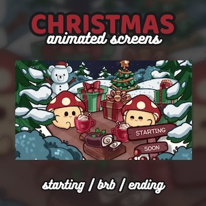 3x Animated Kawaii Mushroom Christmas Picnic Twitch Screens | Winter | Snow | Xmas | Starting Soon, Be Right Back, Ending Soon