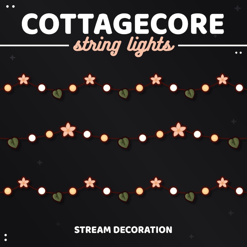 May include: Cottagecore string lights with white bulbs, peach flowers, and green leaves. The text "Cottagecore string lights" and "Stream Decoration" are at the top and bottom of the image.