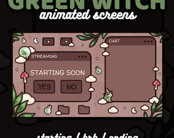 Écrans animés Green Witch Twitch | Superposition de flux Cottagecore (téléchargement numérique)