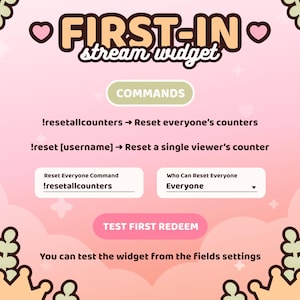 May include: A pink and white graphic with the text "FIRST-IN stream widget." The image includes instructions for commands like "!resetallcounters" and "!reset [username]." It also features a section to test the widget.
