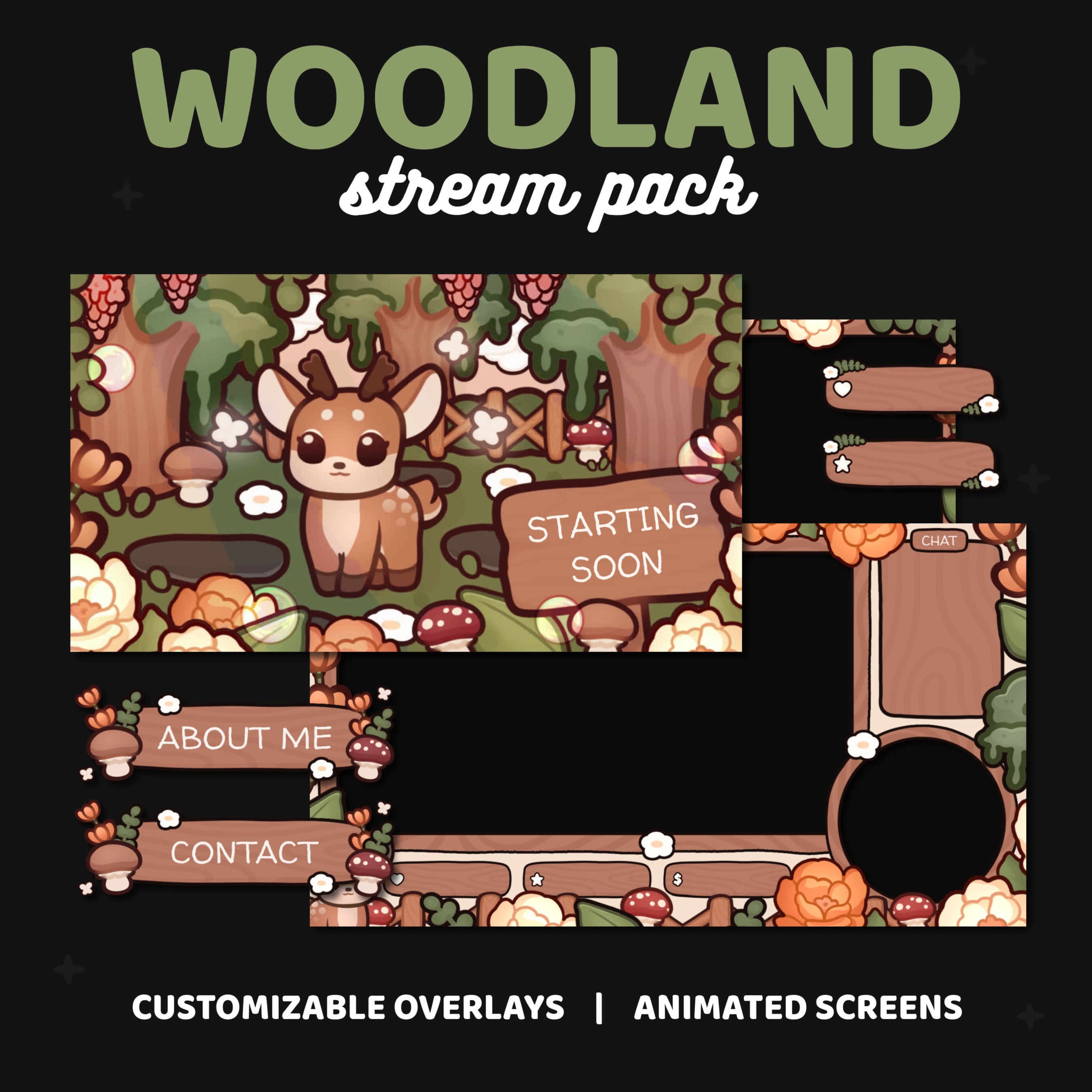 Paquete de transmisión de bosque arbolado / Paquete de transmisión de superposición de Twitch Kawaii / Paquete de superposición de transmisión linda / Reno Cottagecore / TWITCH