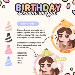May include: A digital birthday stream widget graphic featuring four party hat icons in multicolor, black, pink, and blue. The image displays two circular character avatars with accessories, including a yellow duck and a green vegetable hat, with text.
