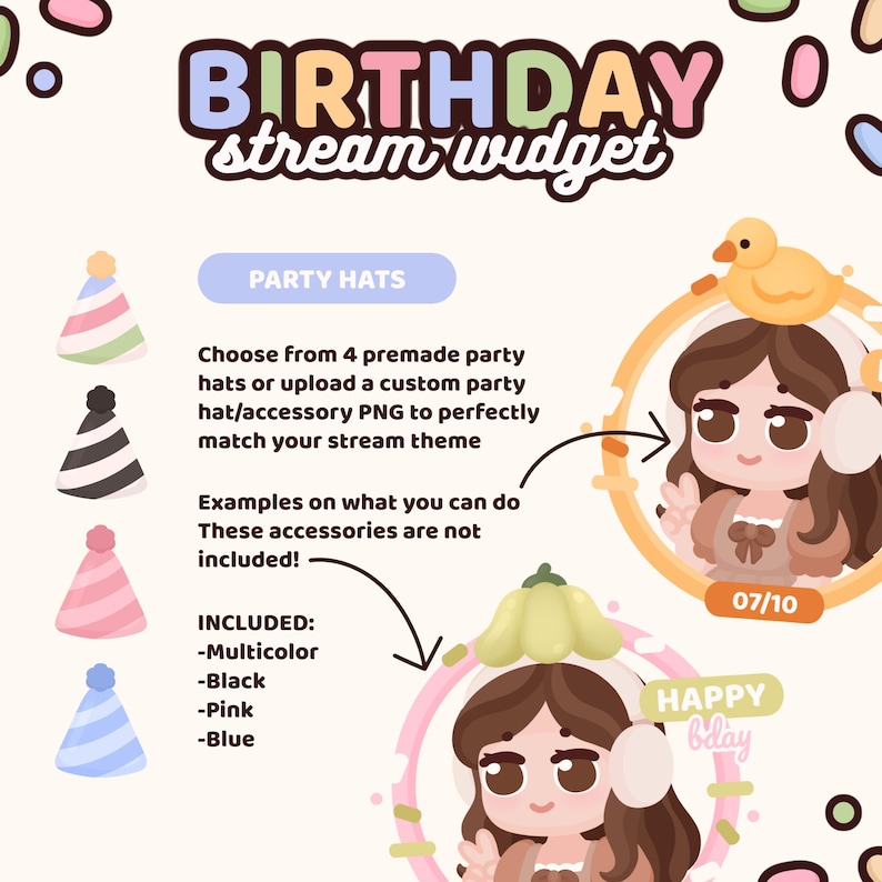 May include: A digital birthday stream widget graphic featuring four party hat icons in multicolor, black, pink, and blue. The image displays two circular character avatars with accessories, including a yellow duck and a green vegetable hat, with text.