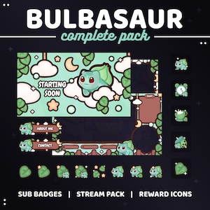 Bulbasaur Complete Stream Package | Animated Screens, Overlays, Alert, Banner, Offline Screen, Panels, Badges, Reward Icons Kawaii | TWITCH