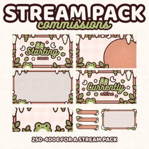 May include: A digital stream pack featuring a light pink and green color palette with frog illustrations, leaf accents, and white floral elements. The text includes "STREAM PACK commissions", "Starting soon", "Currently offline", and "250-400&euro; FOR A STREAM PACK".