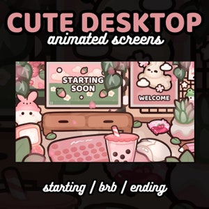 3x Animated Cute Desktop Twitch Screens | Desk / Kawaii / Pink / Boba / Bunny / Plants | Starting Soon, BRB, Ending Soon, Offline Screen