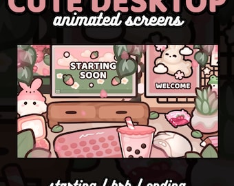 3x leuke geanimeerde desktop-twitch-schermen | Bureau / Kawaii / Roze / Boba / Konijn / Planten | Binnenkort starten, BRB, binnenkort eindigend, offline scherm