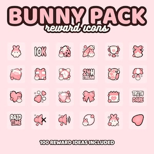 Peut inclure: Un ensemble de 25 icônes de récompense Twitch sur le thème du lapin rose et blanc. Les icônes présentent divers motifs, notamment un lapin tenant un cadeau, un lapin avec un cœur, un lapin avec un microphone et un lapin avec une couronne. Le texte "BUNNY PACK reward icons" est en haut de l'image. Le texte "100 REWARD IDEAS INCLUDED" est en bas de l'image.