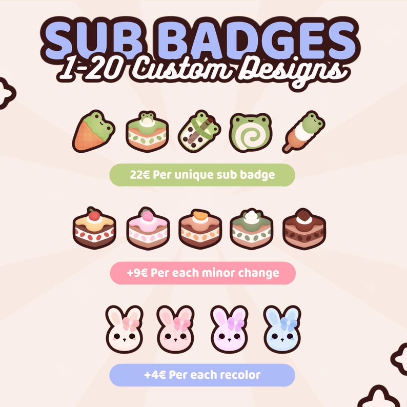 May include: A digital display of custom sub badges featuring illustrations of frog-themed desserts, various layered cakes, and small rabbit faces in different colors. The text reads SUB BADGES 1-20 Custom Designs, 22&euro; Per unique sub badge, +9&euro; Per each minor change, and +4&euro; Per each recolor.