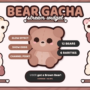 May include: A digital graphic for a "Bear Gacha" stream widget, featuring a brown teddy bear with a heart-shaped nose. The image includes text labels for "Glow Effect," "Show Odds," and "Channel Point." It also displays "12 Bears" and "6 Rarities."