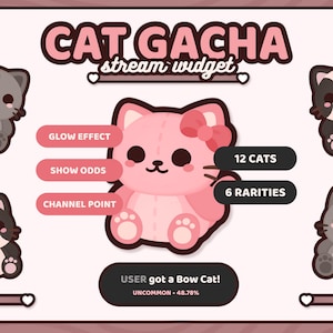 May include: A digital Cat Gacha stream widget graphic featuring a central pink cat with a bow, surrounded by text labels including Glow Effect, Show Odds, Channel Point, 12 Cats, and 6 Rarities. A bottom notification box displays User got a Bow Cat and Uncommon 48.78%.