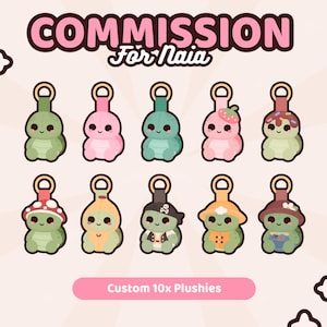May include: A digital illustration titled COMMISSION For Naia featuring ten small turtle plushies with keychains. Each turtle has a unique accessory, including a strawberry, chocolate frosting, mushroom cap, pirate hat, and sun hat. Text reads Custom 10x Plushies.