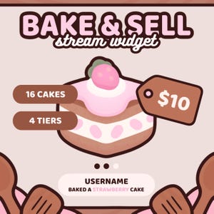 May include: A digital graphic for a stream widget with the text "BAKE & SELL" and "stream widget". It features a layered strawberry cake with a price tag. The widget displays "16 CAKES", "4 TIERS", and a username with "BAKED A STRAWBERRY CAKE".