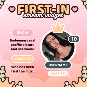 May include: A pink and peach-colored graphic with the text "FIRST-IN stream widget." It features a user profile with a crown icon, a number 10 badge, and the words "SHOW" and "COMPETE" with descriptions. The image includes the word "USERNAME".
