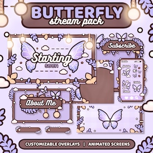 Pacote de transmissão de borboletas | Pacote de transmissão animada | Sobreposição do Twitch | Compatível com Vtuber | Kawaii / Fofo / Aconchegante / Roxo / Suave | TWITCH
