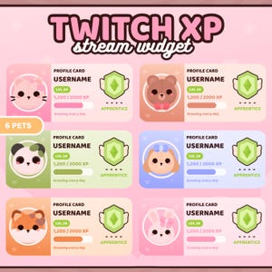 K&ouml;nnte beinhalten: Eine rosa-wei&szlig;e Grafik mit dem Text "TWITCH XP stream widget" und sechs Profilkarten mit niedlichen Tieravataren. Jede Karte zeigt einen Benutzernamen, Level und Erfahrungspunkte an.