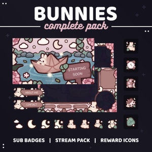 Bunny Complete Stream Package | Animated Screens, Overlays, Alert, Banner, Offline Screen, Panels, Badges, Reward Icons Kawaii | TWITCH