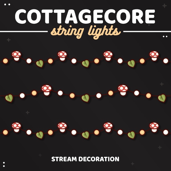 3x Cottagecore String Light Stream Decoration | Mushroom And Leaf Stream Deco | Twinkle Lights | Vtuber Assets | Animated | TWITCH