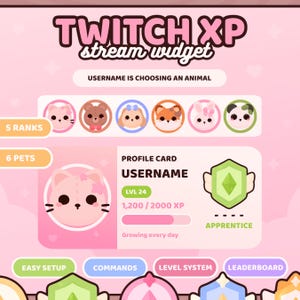 Può includere: Grafica del widget di streaming Twitch XP rosa e bianca. La grafica include avatar di animali, una scheda profilo con un indicatore di livello e opzioni per una facile configurazione, comandi e una classifica. Il testo recita "USERNAME IS CHOOSING AN ANIMAL."