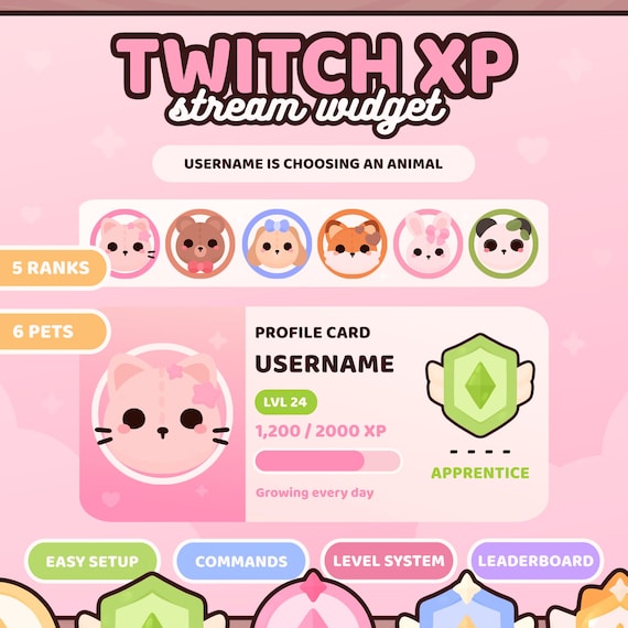 Twitch XP Level System Widget | Chat Commands, Leaderboard & Pet System | StreamElements Overlay | Interactive Stream Tool