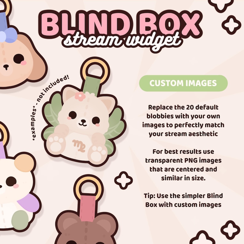 May include: A digital graphic featuring the text BLIND BOX stream widget and custom images. It displays several cartoon plush-style characters with keychains, including a white cat with a green leaf background and a brown bear, on a light background.