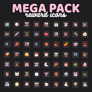 May include: A set of 48 colourful Twitch reward icons featuring various themes, including gaming, food, and community engagement. The icons are arranged in a grid with a black background and white outlines. The text "MEGA PACK reward icons" is displayed at the top of the image.