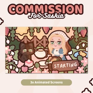 May include: A digital illustration titled COMMISSION For Saskia featuring a character with blonde hair and a headscarf sitting at a picnic with a black cat. The scene includes a teapot, a cake, a basket, and a sign that reads STARTING.