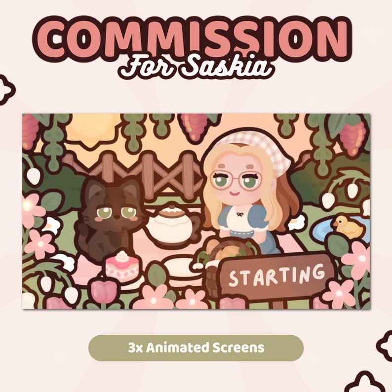 May include: A digital illustration titled COMMISSION For Saskia featuring a character with blonde hair and a headscarf sitting at a picnic with a black cat. The scene includes a teapot, a cake, a basket, and a sign that reads STARTING.