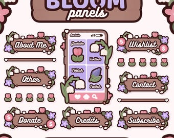 May include: A set of 22 customizable Twitch panels featuring a floral theme with lily of the valley and pink flowers. The panels include sections for "About Me", "Socials", "Wishlist", "Other", "Contact", "Donate", "Credits", and "Subscribe".