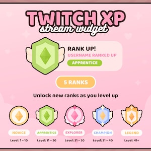 K&ouml;nnte beinhalten: Ein rosa Grafik mit dem Text "TWITCH XP stream widget". Die Grafik zeigt f&uuml;nf R&auml;nge: Anf&auml;nger, Lehrling, Entdecker, Champion und Legende. Jeder Rang hat ein einzigartiges Abzeichen und einen Levelbereich.