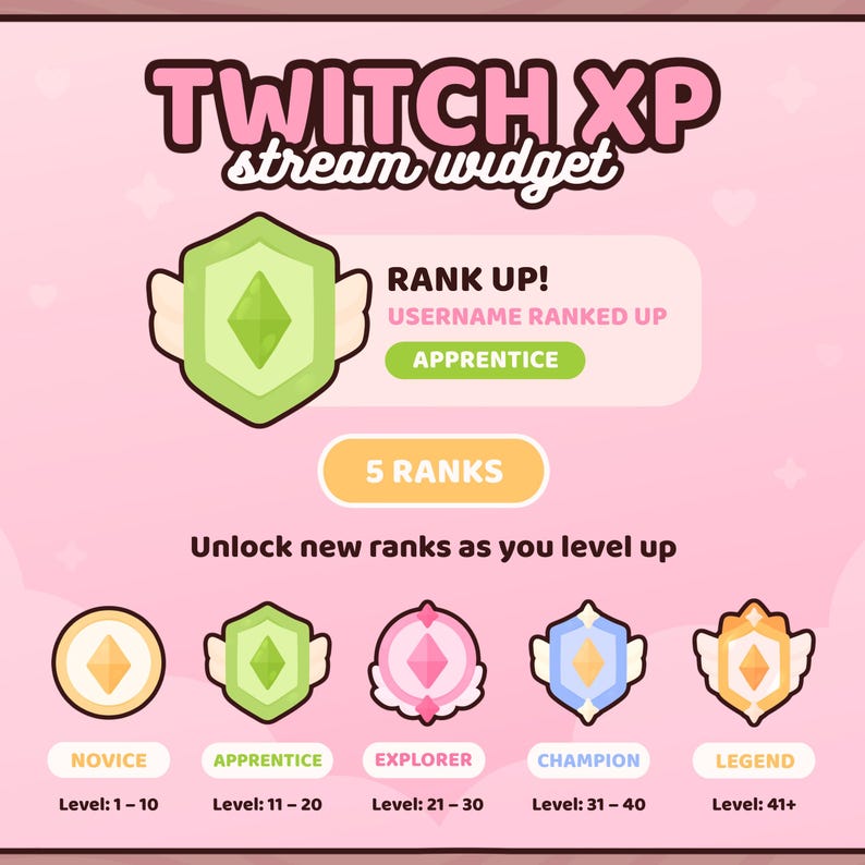 K&ouml;nnte beinhalten: Ein rosa Grafik mit dem Text "TWITCH XP stream widget". Die Grafik zeigt f&uuml;nf R&auml;nge: Anf&auml;nger, Lehrling, Entdecker, Champion und Legende. Jeder Rang hat ein einzigartiges Abzeichen und einen Levelbereich.
