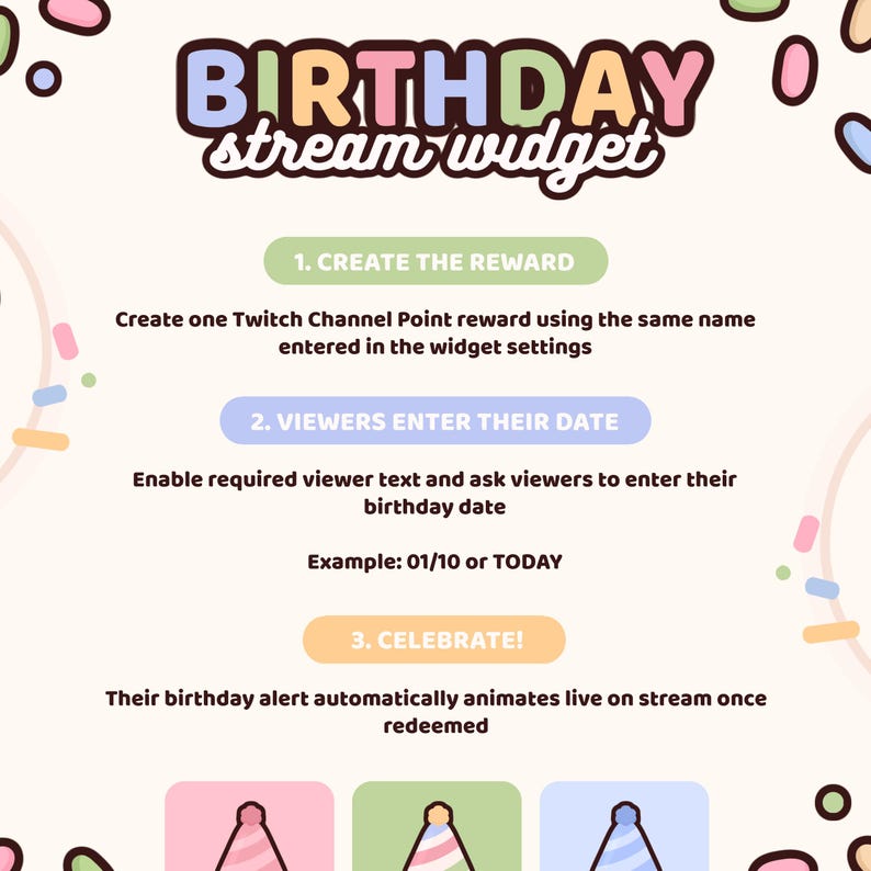May include: A digital graphic titled BIRTHDAY stream widget with instructions for setup. It outlines three steps: 1. CREATE THE REWARD, 2. VIEWERS ENTER THEIR DATE, and 3. CELEBRATE! The design features pastel colors, confetti accents, and party hat icons.