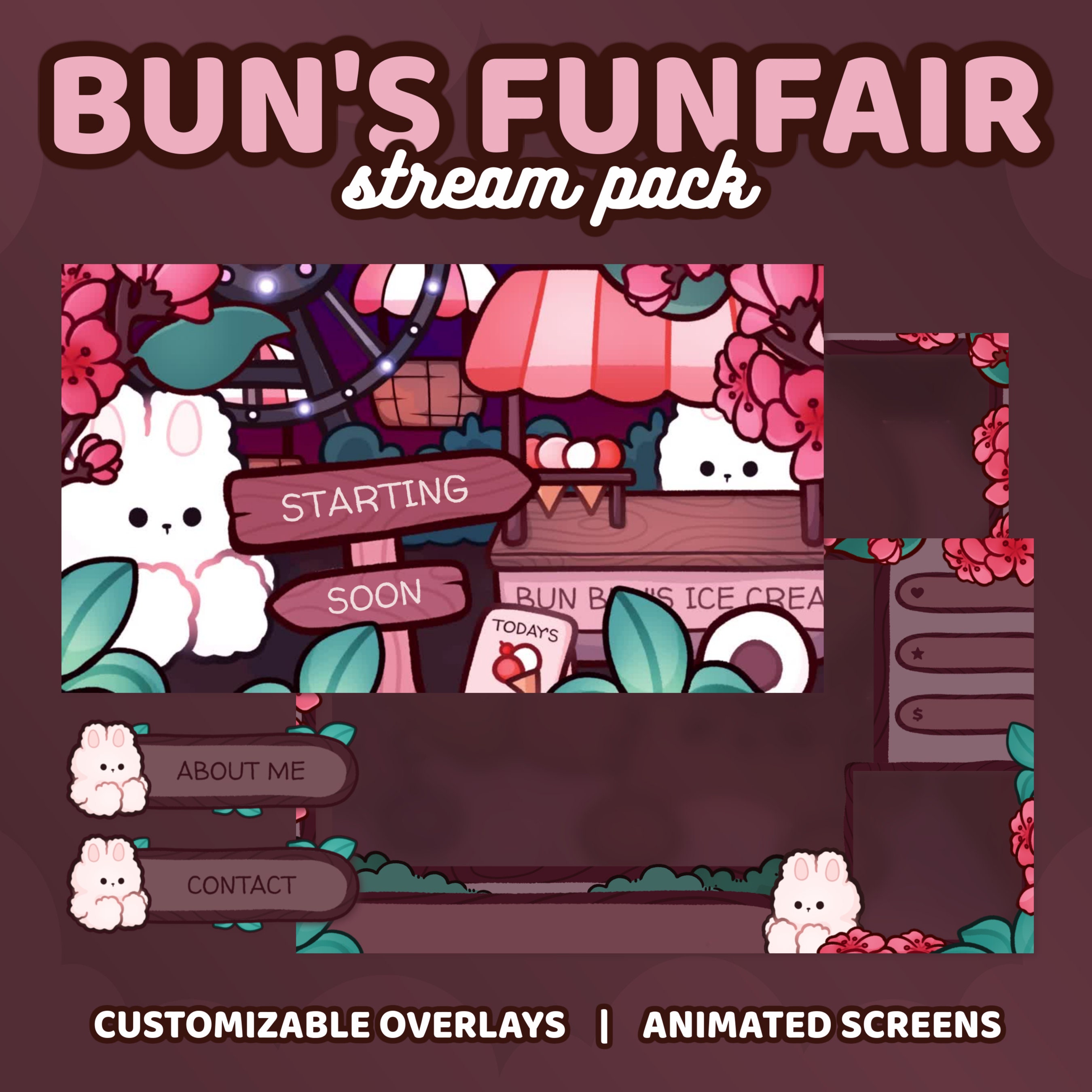 Customizeble Overlays Kawaii Bunny Funfair Stream Package 3 Animated Screens, 2 Customizable ...
