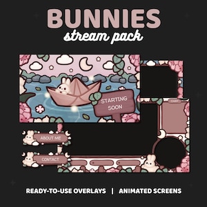 Bunny Stream Package | Animated Screens, Overlays, Alerts, Banner, Offline Screen, Panels | Cozy Kawaii Cute Pink Bunnies Star Moon | TWITCH