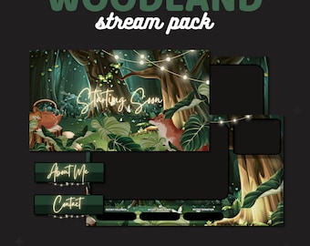 Paquete de transmisión en vivo de Woodland Forest: 3 pantallas animadas, 3 superposiciones, pantalla sin conexión, 12 paneles, banner de transmisión / TWITCH
