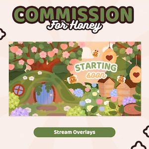 May include: A digital illustration featuring the text COMMISSION For Honey and STARTING soon. The scene depicts a green grassy hill with a blue door, a tree with pink blossoms, hanging beehives with heart cutouts, and cartoon bees.
