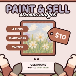 Op de afbeelding: Een digitale kunststreamwidget met de tekst "PAINT & SELL" en "stream widget". De widget bevat een schilderij van madeliefjes, het prijskaartje zegt €10, en het heeft opties voor 4 niveaus, 16 kunstwerken en Twitch.
