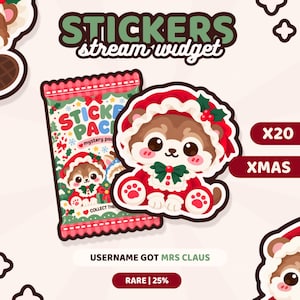 May include: A digital sticker pack stream widget featuring a cartoon bear dressed as Mrs. Claus in a red bonnet and dress with holly accents. The graphic includes the text STICKERS stream widget, X20, XMAS, USERNAME GOT MRS CLAUS, and RARE | 25%.
