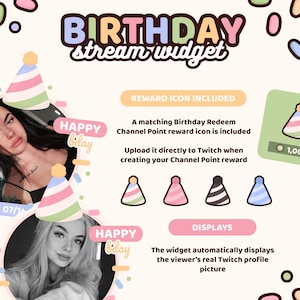 May include: A digital birthday stream widget graphic featuring the text BIRTHDAY stream widget. It includes a matching birthday redeem channel point reward icon, four party hat icons in various colors, and text explaining the widget displays a viewer's Twitch profile picture.