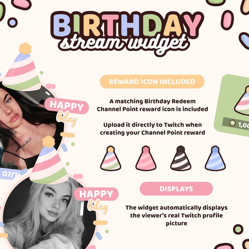 May include: A digital birthday stream widget graphic featuring the text BIRTHDAY stream widget. It includes a matching birthday redeem channel point reward icon, four party hat icons in various colors, and text explaining the widget displays a viewer's Twitch profile picture.