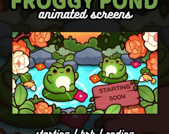 3x geanimeerde Kawaii Frog Pond Twitch-schermen | Binnenkort beginnen, zo terug zijn, binnenkort eindigen