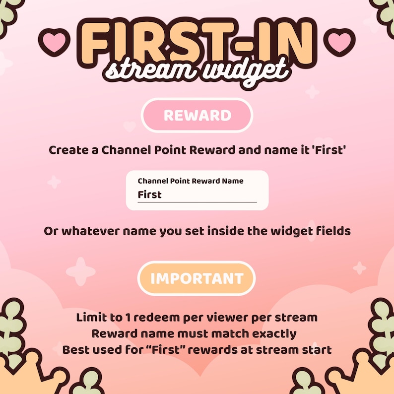 May include: A pink and white graphic with the text "FIRST-IN stream widget." Instructions are provided to create a channel point reward named "First." The image also includes the text "REWARD" and "IMPORTANT."