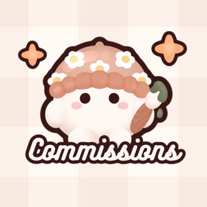 May include: A cartoon character with a round white body, pink cheeks, and black eyes, wearing a tan beanie decorated with white flowers. The character holds a paintbrush with green paint. Below the character, the word Commissions is written.