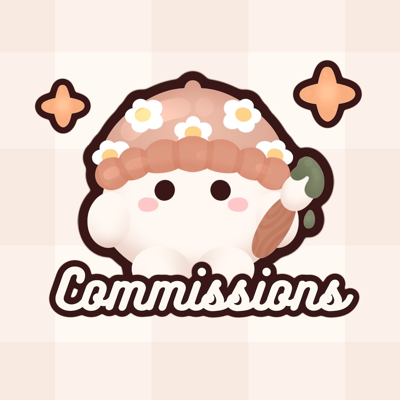 May include: A cartoon character with a round white body, pink cheeks, and black eyes, wearing a tan beanie decorated with white flowers. The character holds a paintbrush with green paint. Below the character, the word Commissions is written.