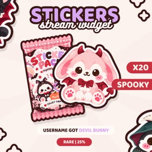 Puede incluir: Un widget de transmisión de paquete de pegatinas digitales con una bolsa misteriosa rosa y un conejo diablo rosa claro con cuernos, alas y un lazo rojos. El gráfico incluye el texto STICKERS stream widget, X20 SPOOKY, USERNAME GOT DEVIL BUNNY y RARE | 25%.