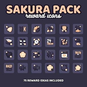 Puede incluir: Un conjunto de 25 iconos digitales coloridos con un tema de flor de cerezo. Los iconos est&aacute;n dise&ntilde;ados para usarse como iconos de recompensa de canal de Twitch o YouTube. Los iconos incluyen una variedad de temas, como 10K seguidores, transmisi&oacute;n de 24 horas, tiempo de incursi&oacute;n, verdad o desaf&iacute;o, y m&aacute;s.